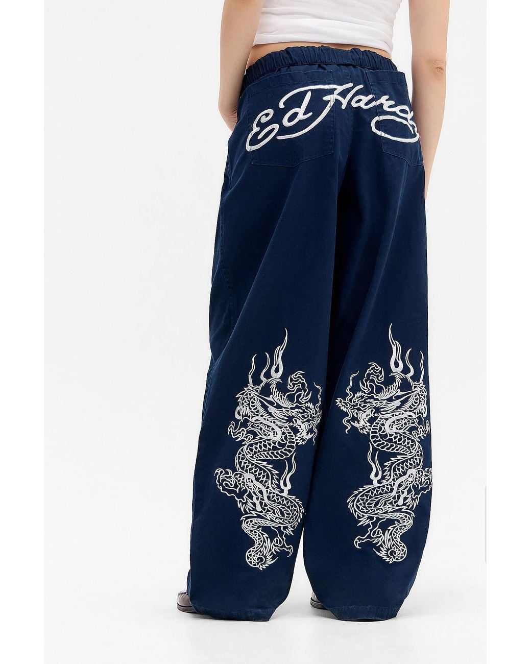 Ed Hardy Blue Uo Exclusive Embroidered Wide Leg Trousers
