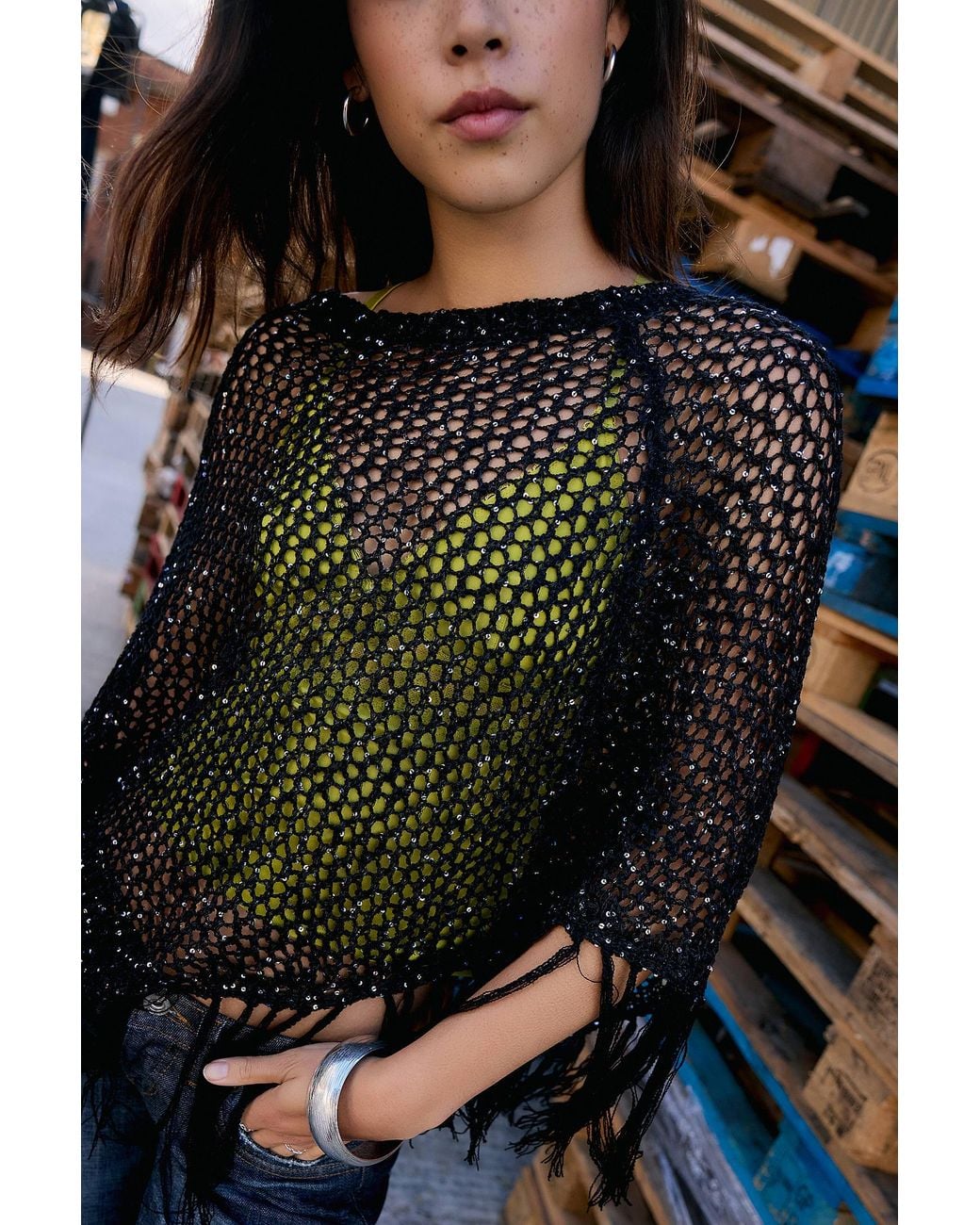 Urban Outfitters Black Uo Jamie Sparkle Poncho