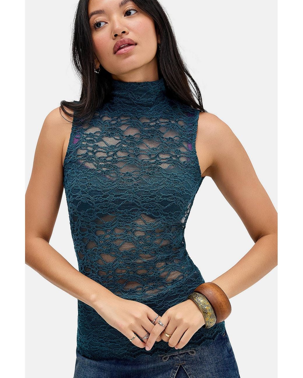 Silence + Noise Blue Silence + Noise Caden Lace High Neck Top