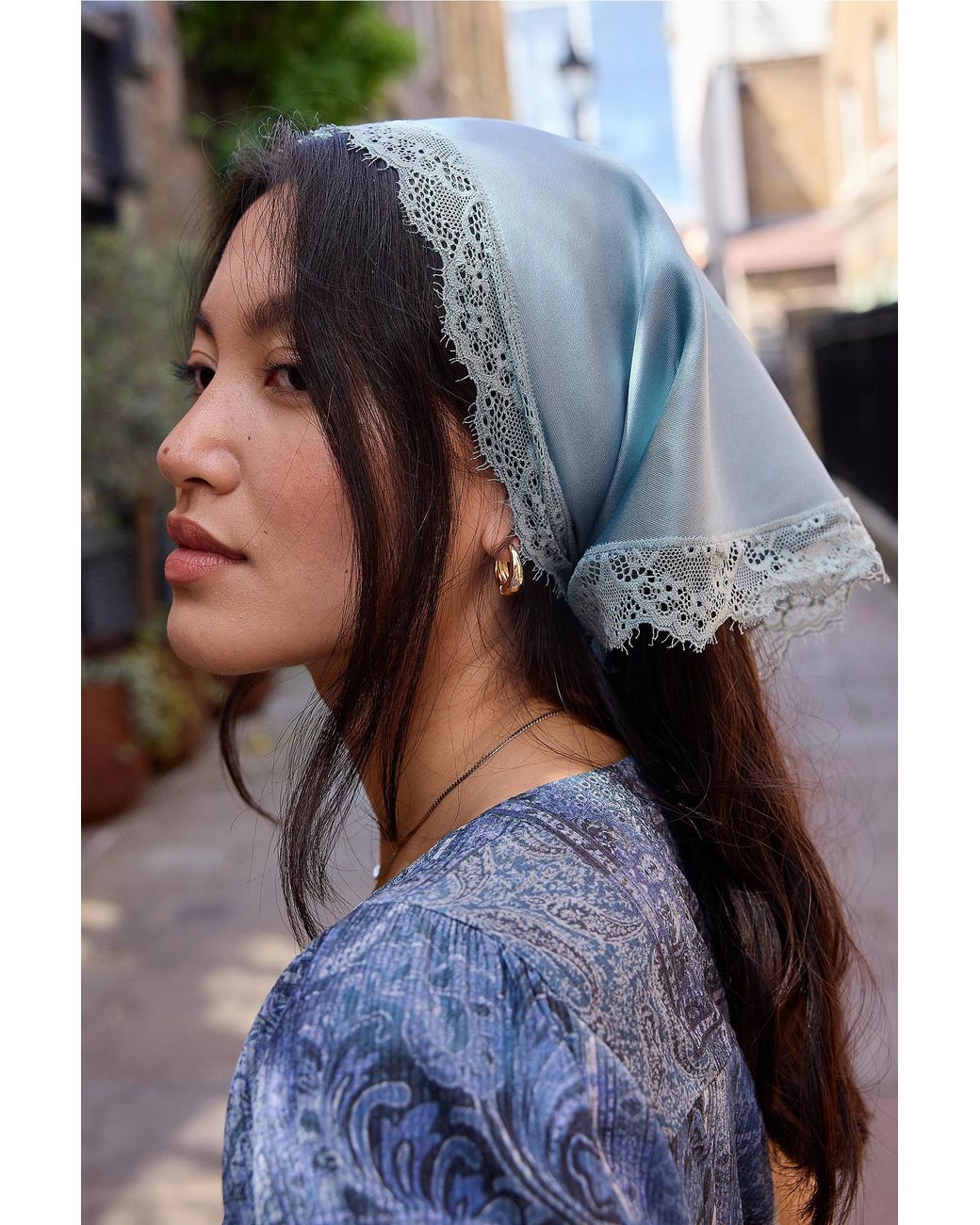 Urban Outfitters Blue Uo Triangle Lace Trim Satin Scarf