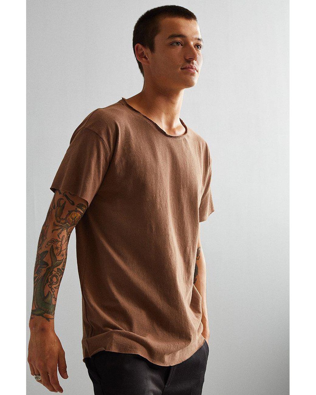 Urban Outfitters Franklin Wide Neck Raw Cut Tee in Brown for Men | Lyst