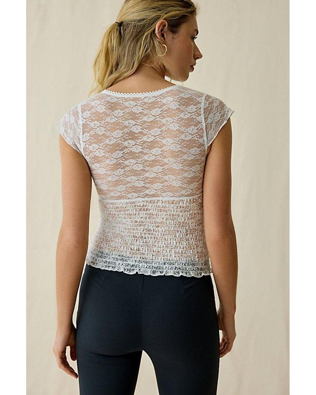 Kimchi Blue Natural Only You Sheer Lace Smocked Short Sleeve Top