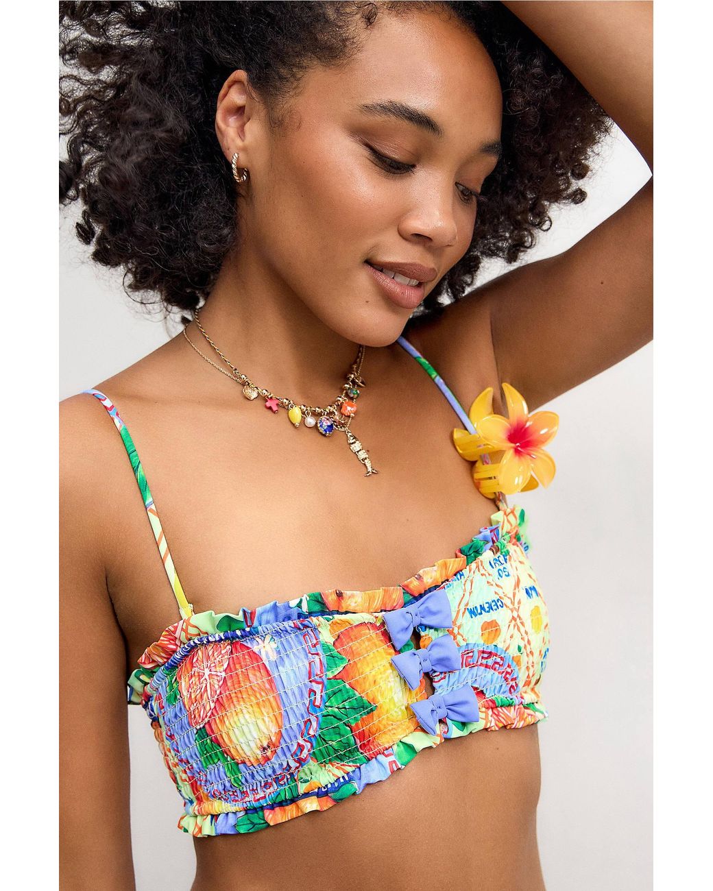 Damson Madder Black Jessie Orange Print Shirred Bow Bikini Top