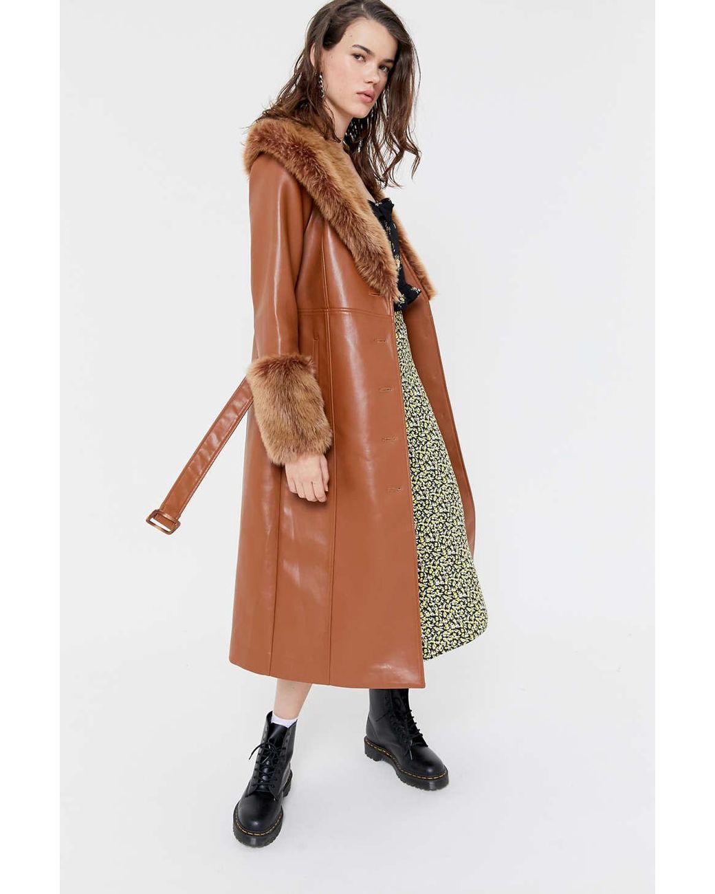 Uo Glam Faux-fur Trim Coat in Brown 