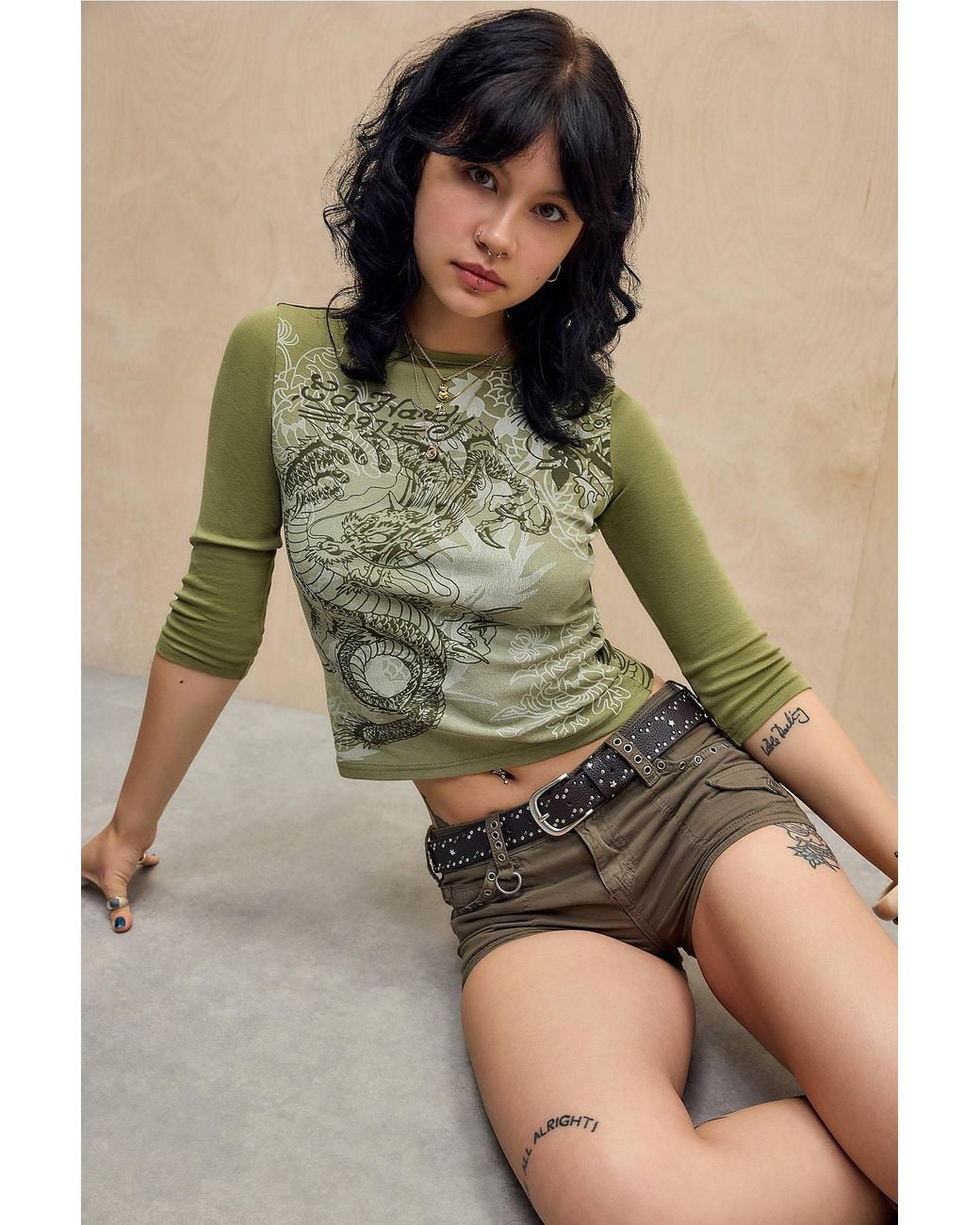 Ed Hardy Green Uo Exclusive Khaki Dragon Print Tee