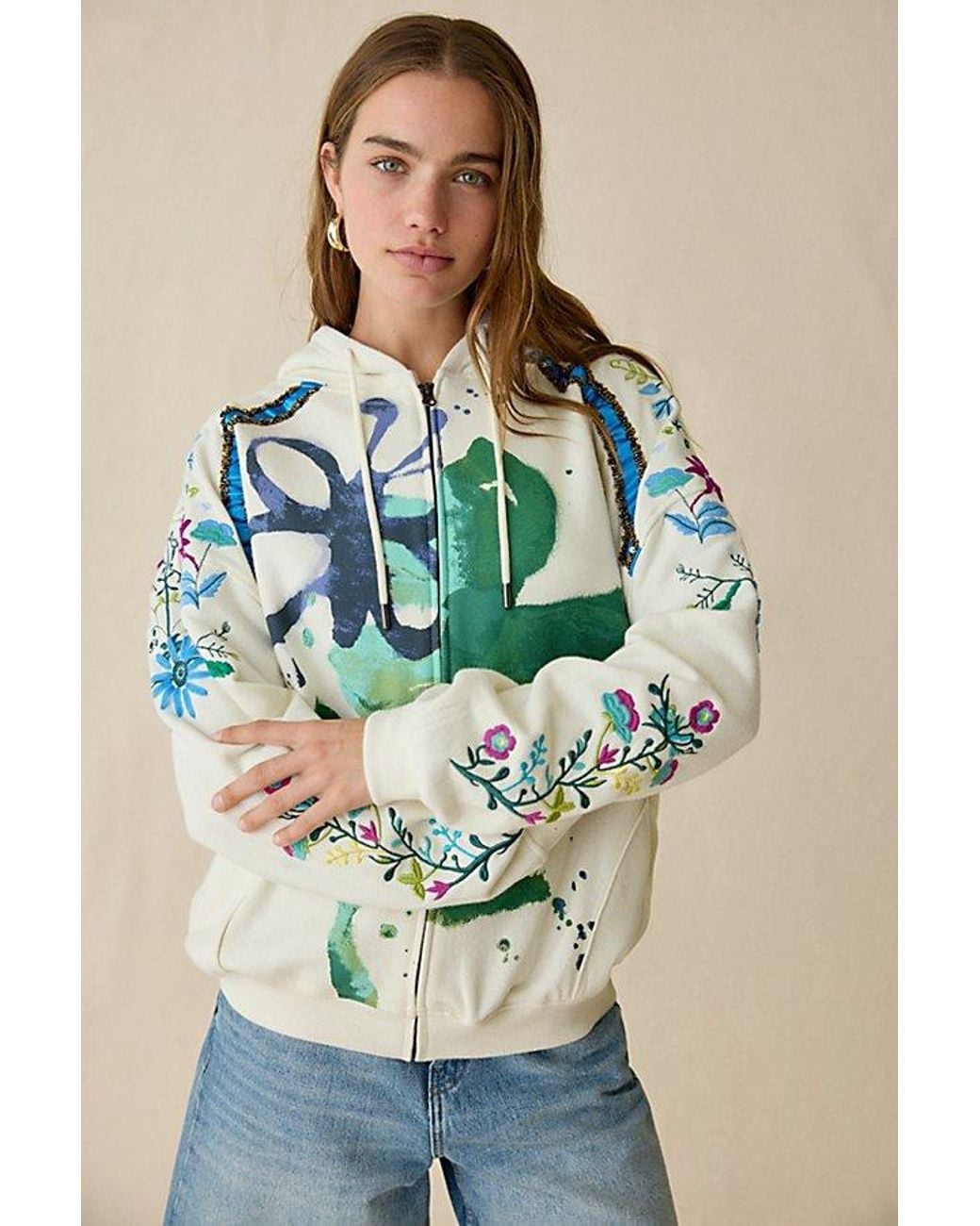 BDG Green Dusty Embellished Bloom Graphic Oversized Zip-Up Hoodie Sweatshirt