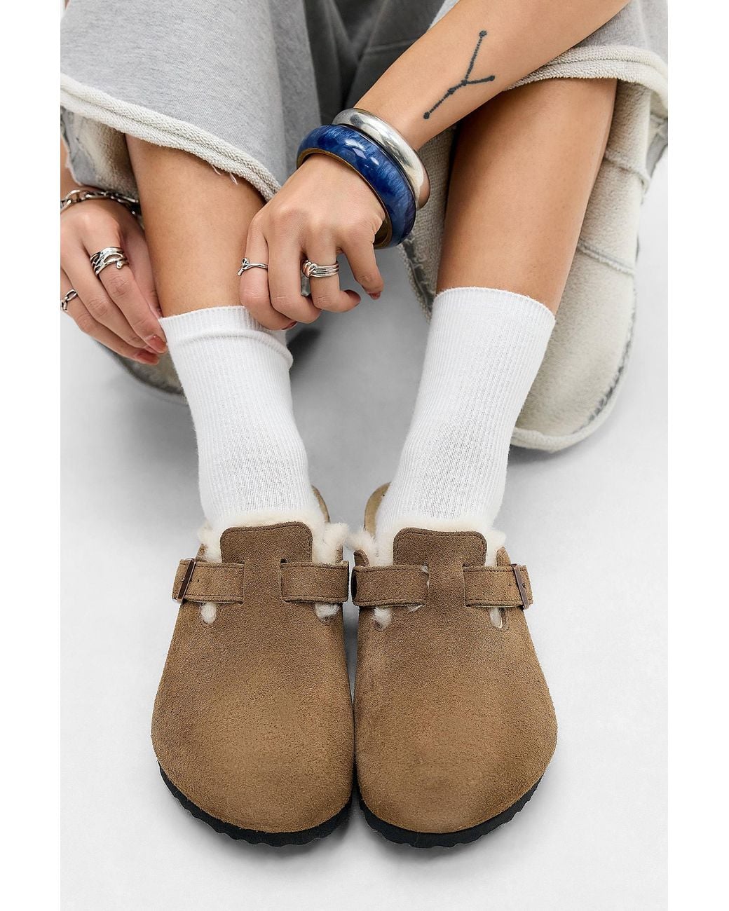 Birkenstock Gray Taupe Shearling Boston Clogs