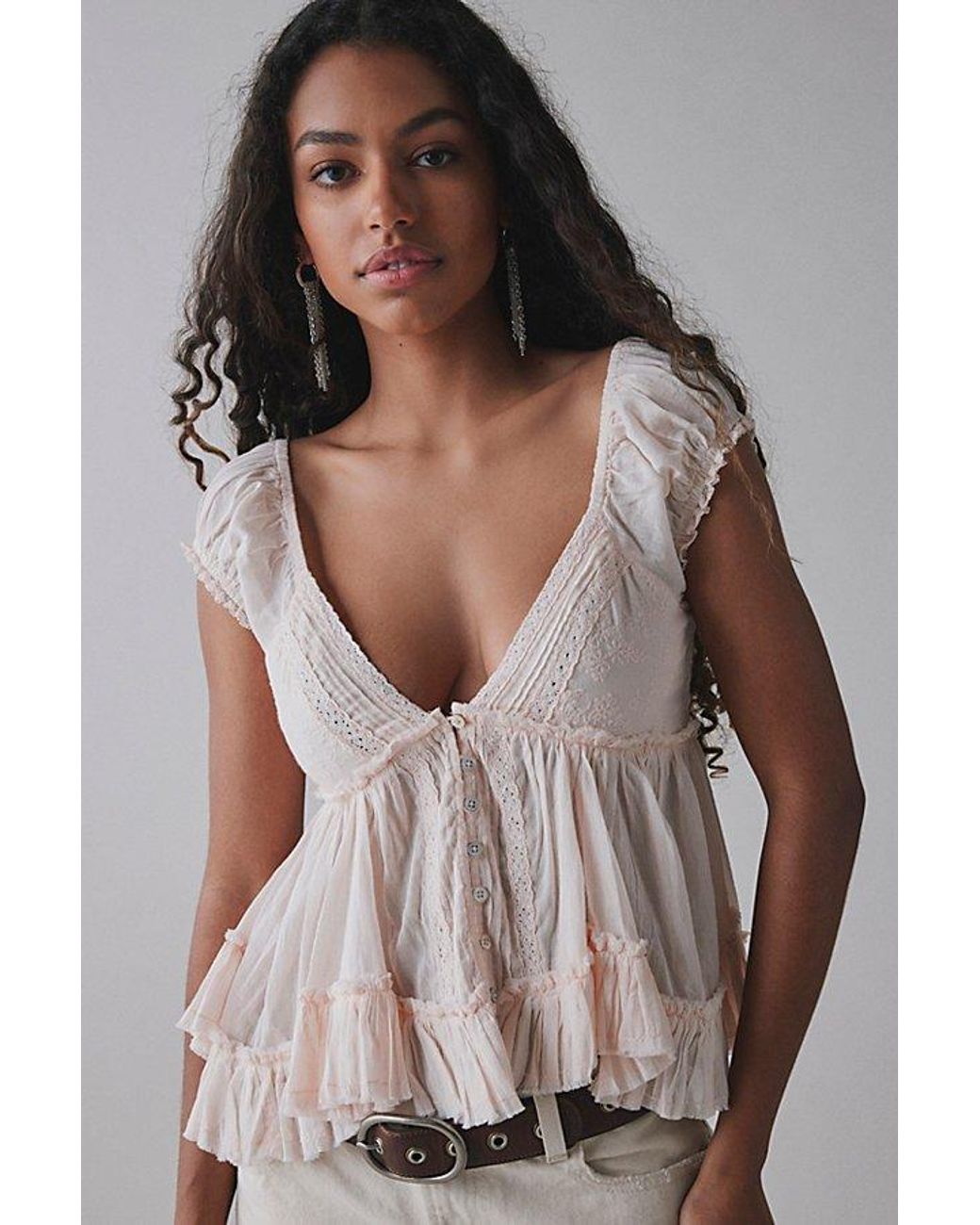 Kimchi Blue Izzy Lace Trim Button-Front Babydoll Blouse in