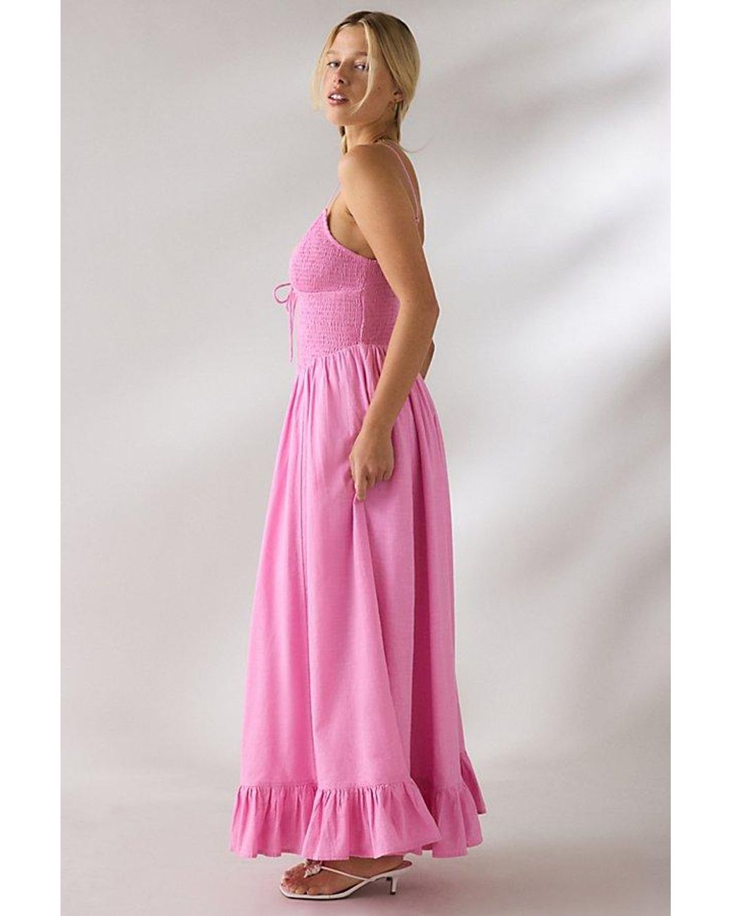 Kimchi Blue Pink Keepsake Tie-Front Smocked Cotton Maxi Dress