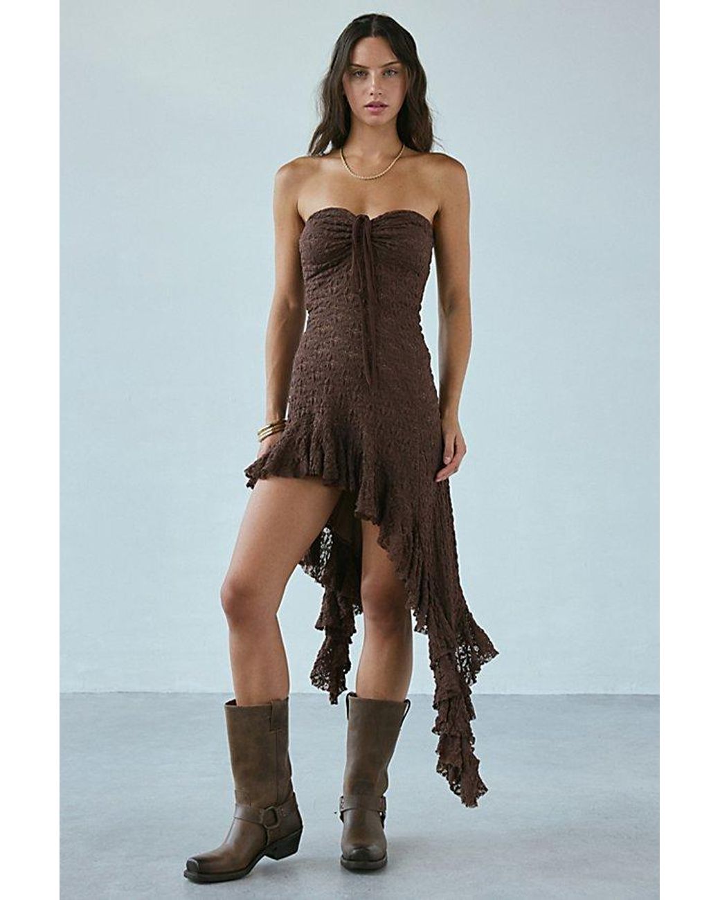 urban outfitters brown lace dress Uo Sammie Convertible Tie Asymmetric Midi in Paisley