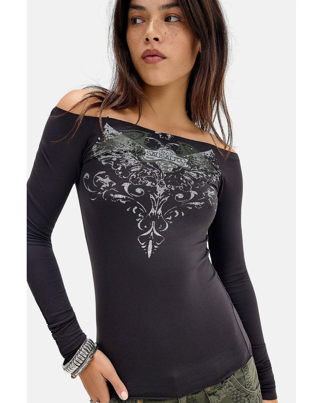 Urban Outfitters Black Uo Riders Club Off-shoulder Graphic Tee