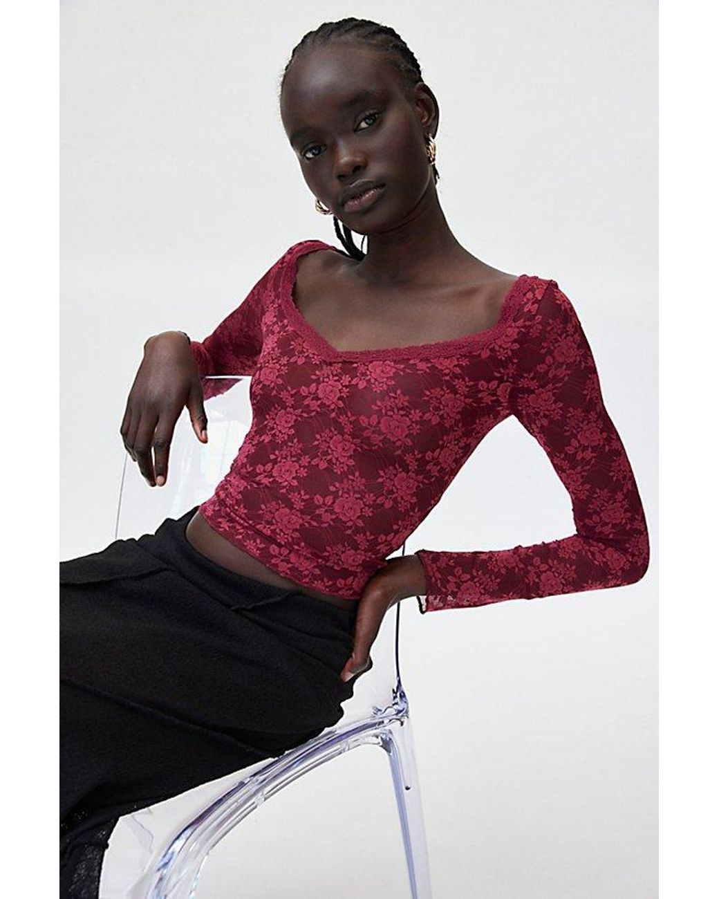 Out From Under Lana Plunge Lace Long Sleeve Top in Red Lyst