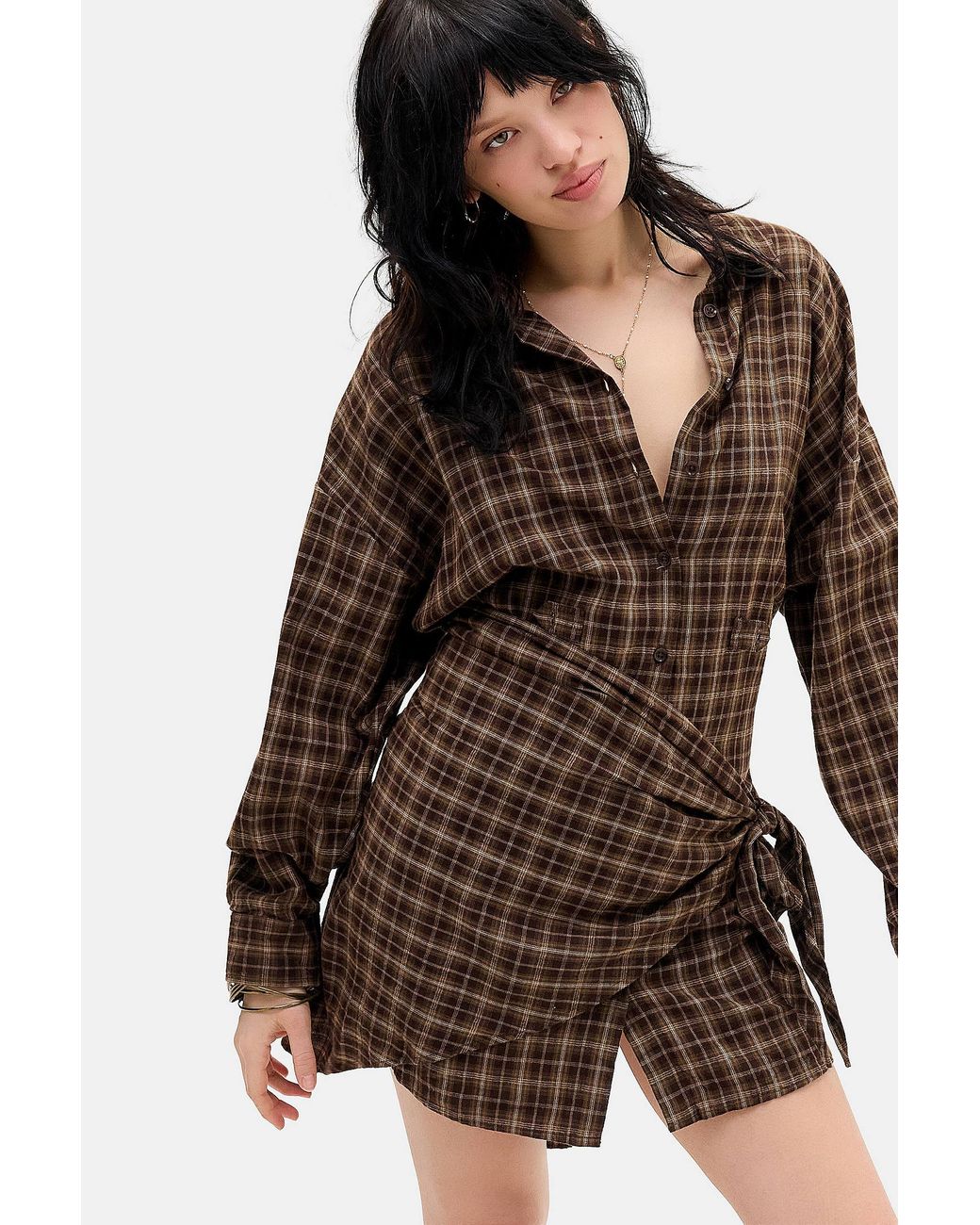 BDG Brown Cordelia Check Long Sleeve Mini Dress