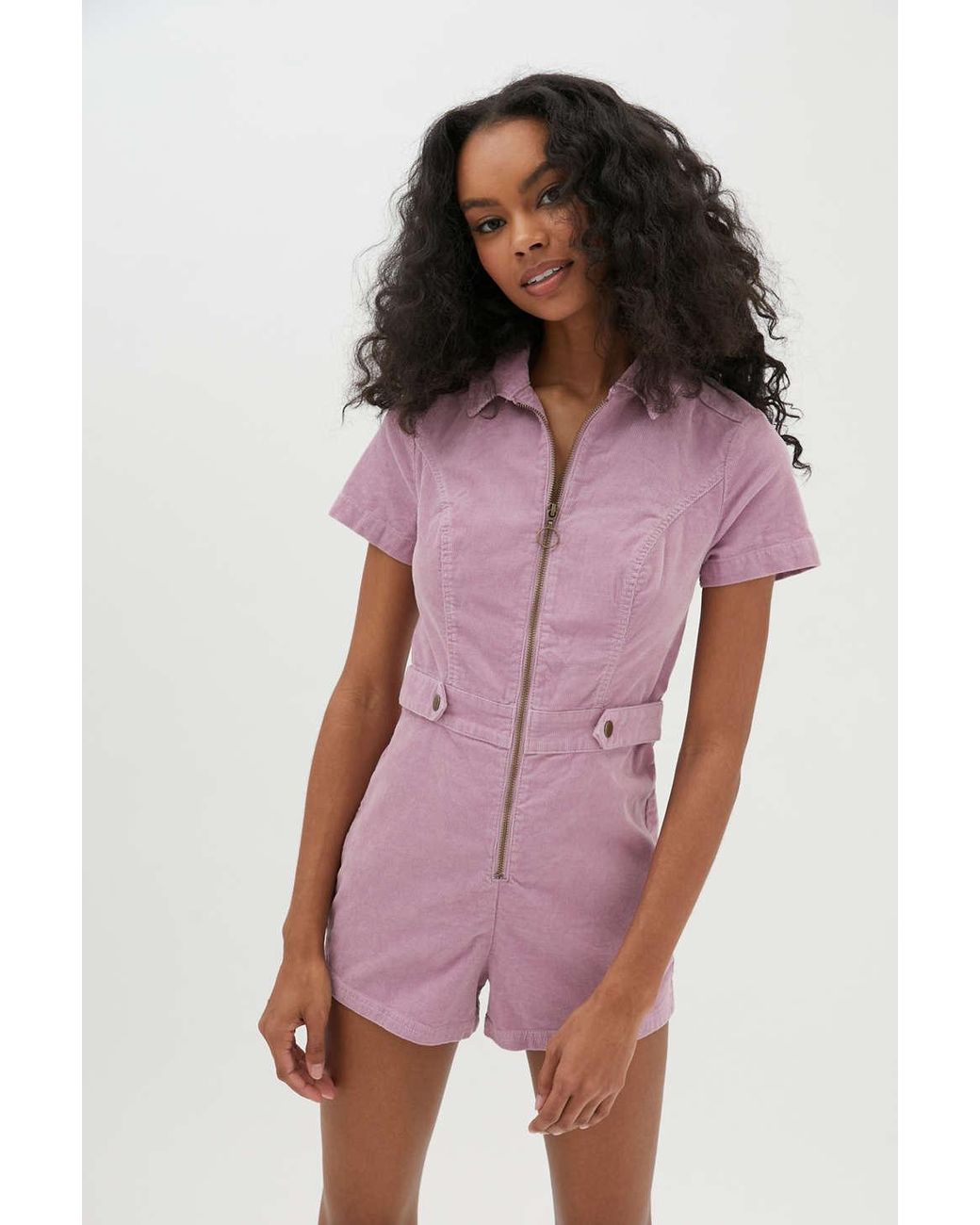Urban Outfitters Uo Tyson Zip-front Short Sleeve Romper in Purple | Lyst