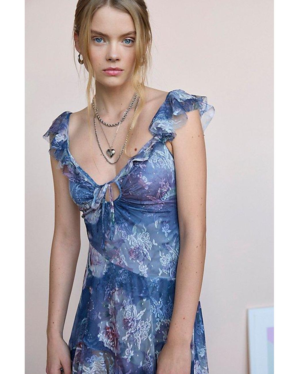 blue lace dress urban outfitters Kimchi Blue Cora Lace Trim Asymmetrical Midi Dress