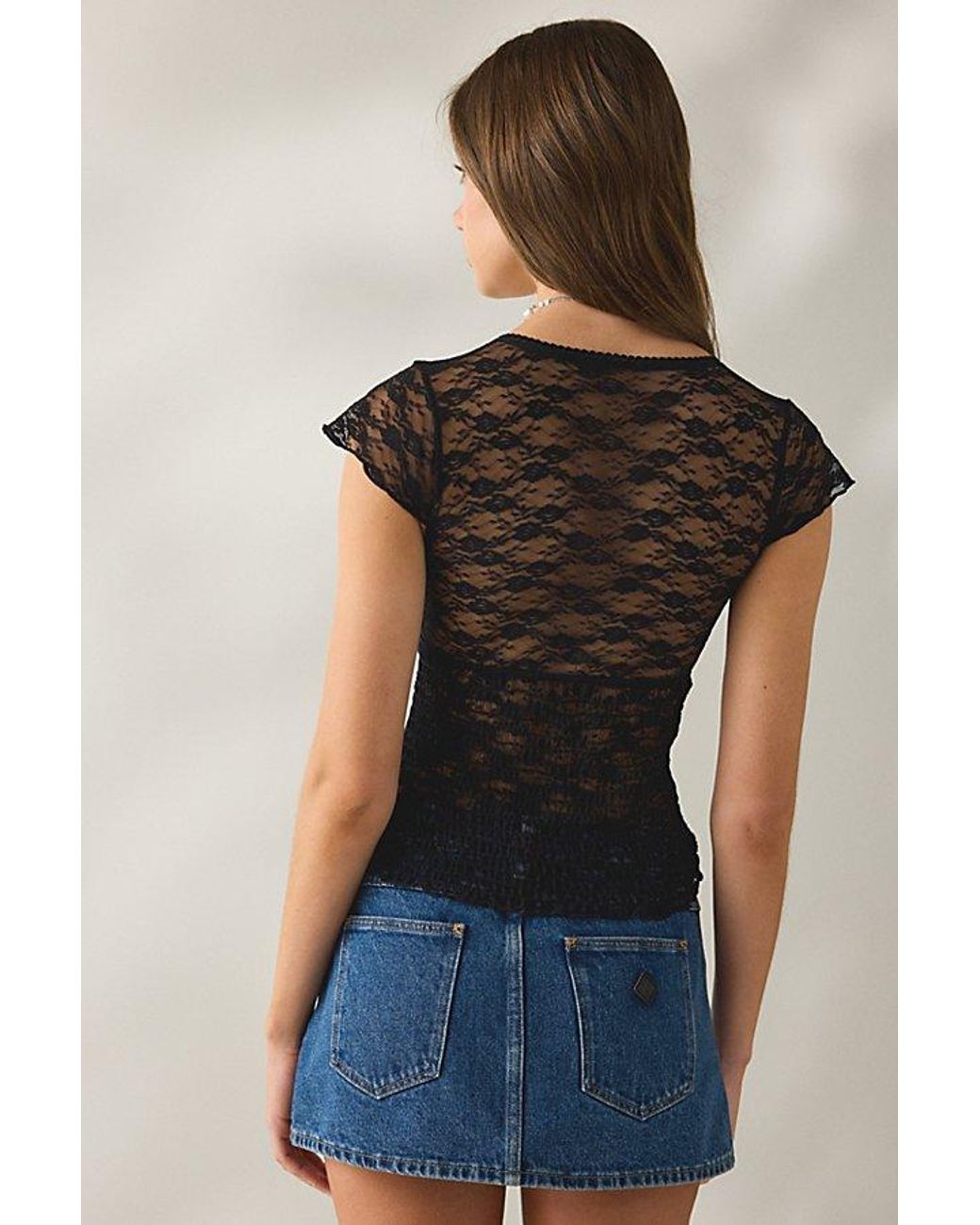 Kimchi Blue Blue Only You Sheer Lace Smocked Short Sleeve Top