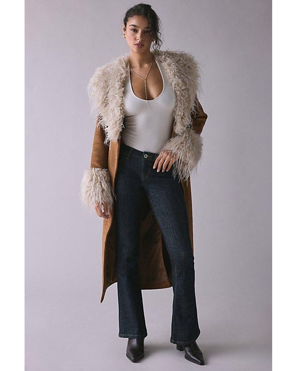 Urban Outfitters Uo Natasha Penny Lane Faur Fur Trim Faux Suede