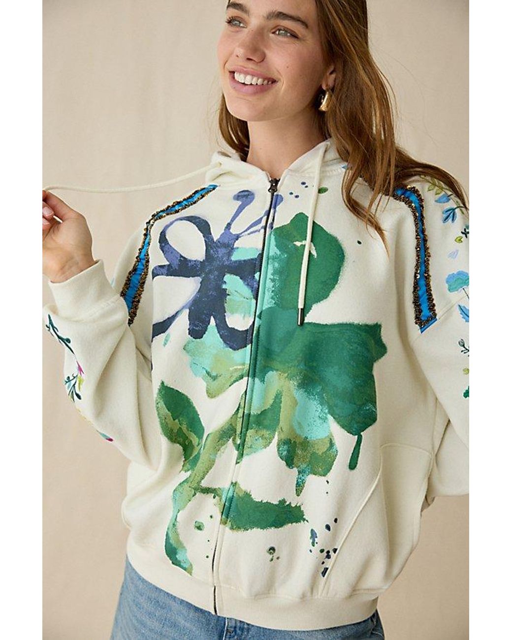 BDG Green Dusty Embellished Bloom Graphic Oversized Zip-Up Hoodie Sweatshirt