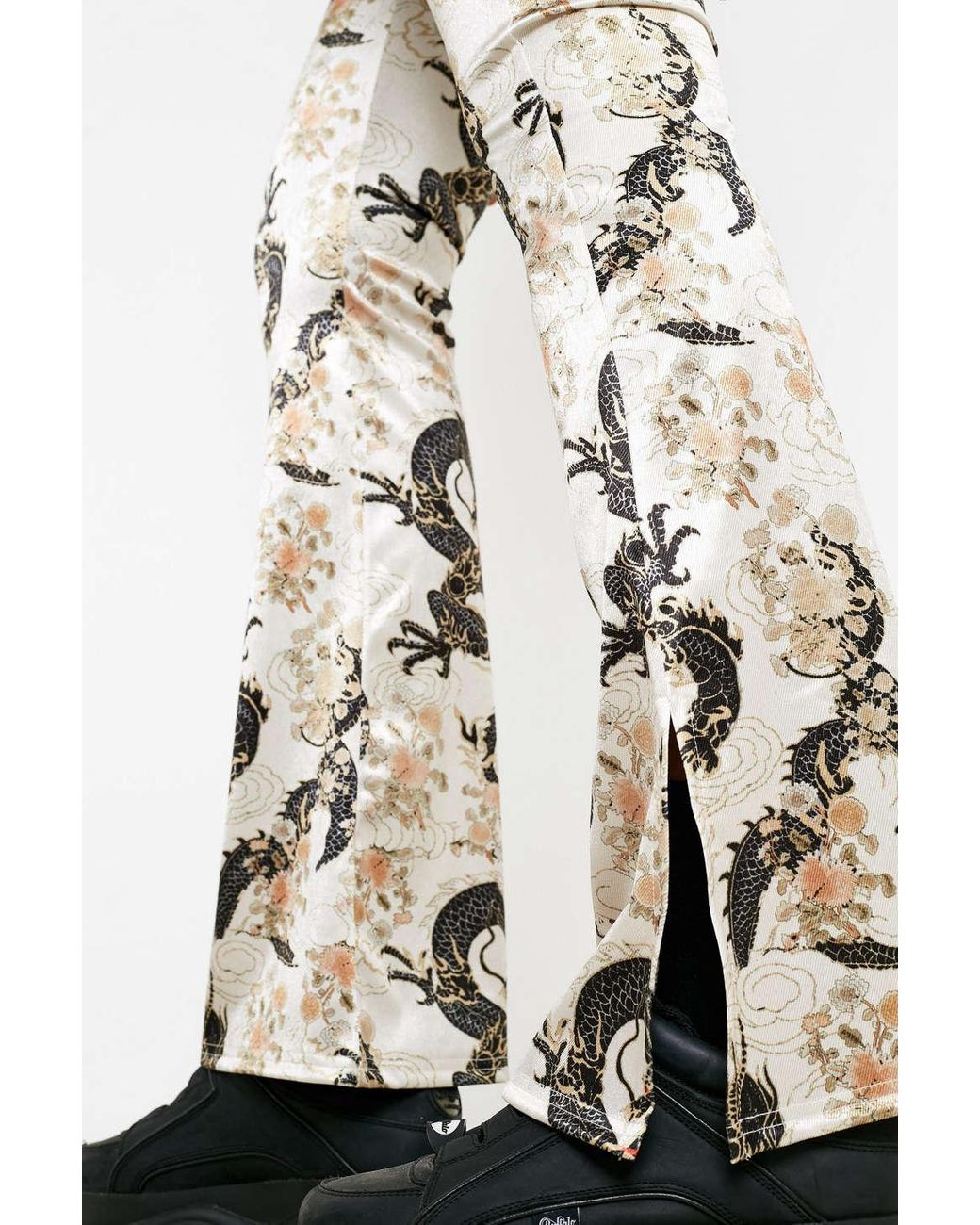 Uo Dragon Print Cream Satin Flare Pant 