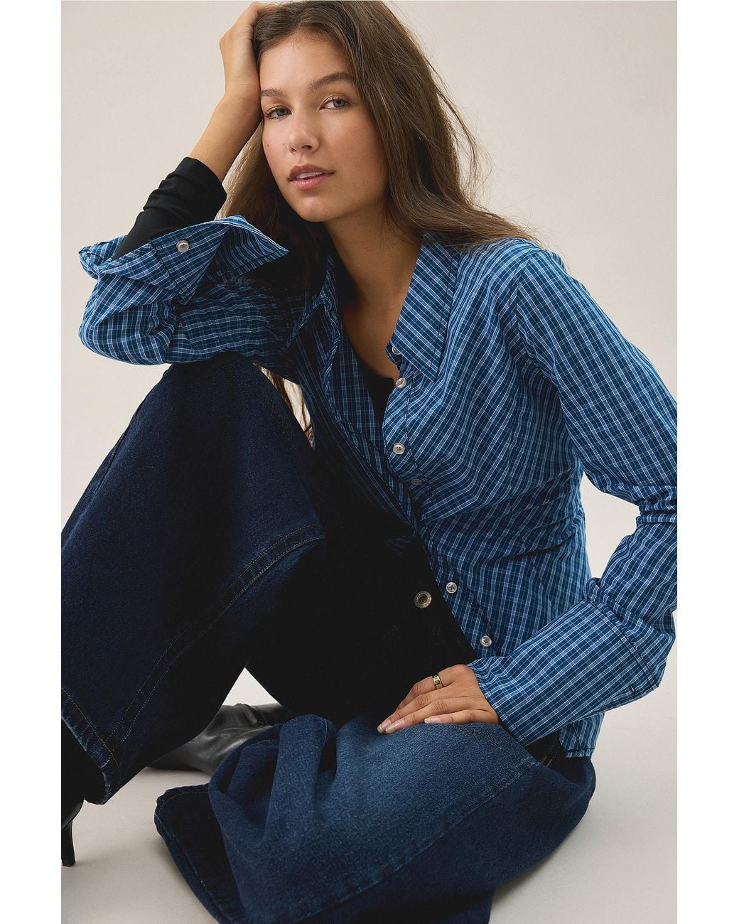 Urban Outfitters Blue Uo Leilani Check Slim Bias Cut Shirt
