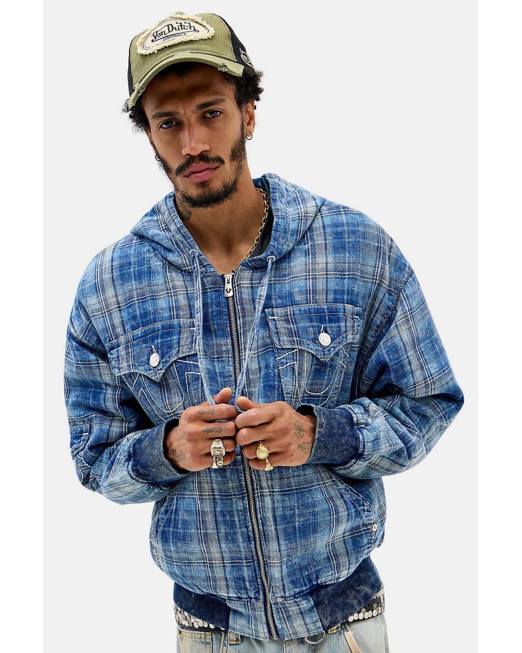 True Religion Blue Indigo Plaid Hooded Jacket for men