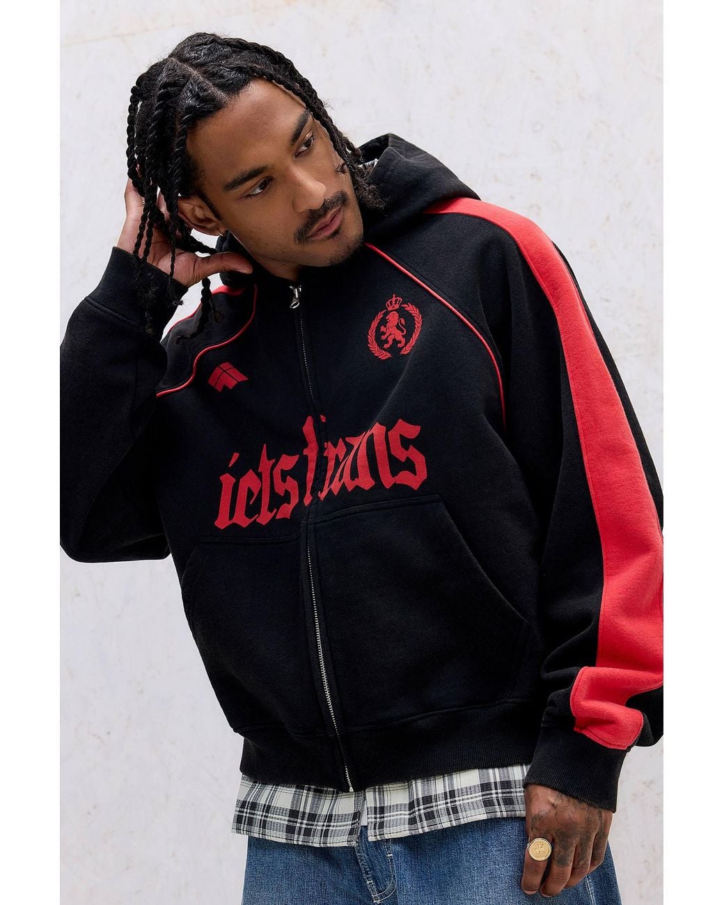 iets frans Red Black Gothic Panel Zip-through Hoodie for men