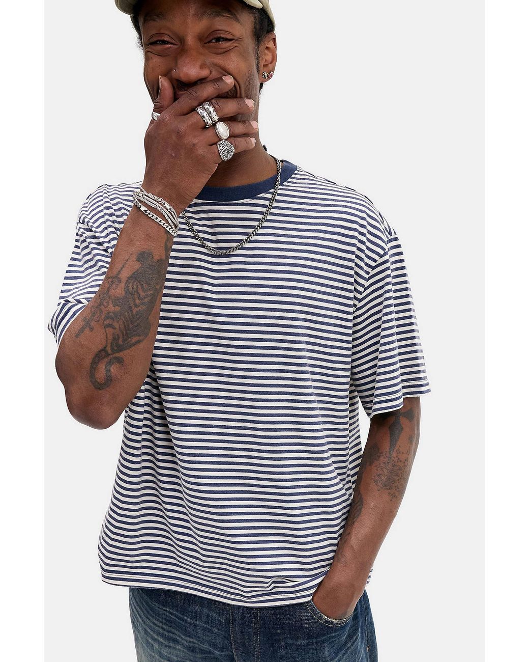 BDG Blue Striped Short Sleeve T-shirt for men