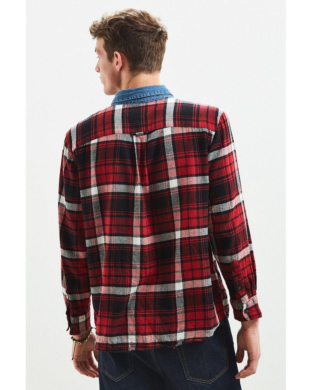 Urban Outfitters Vintage Contrast Denim Collar Flannel Button-down Shirt in  Red for Men | Lyst