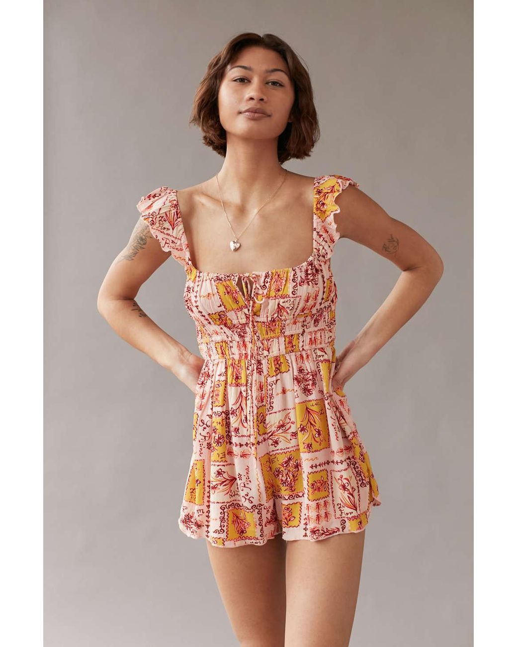 Urban Outfitters Uo Rockaway Smocked Romper In Gold Metallic Lyst