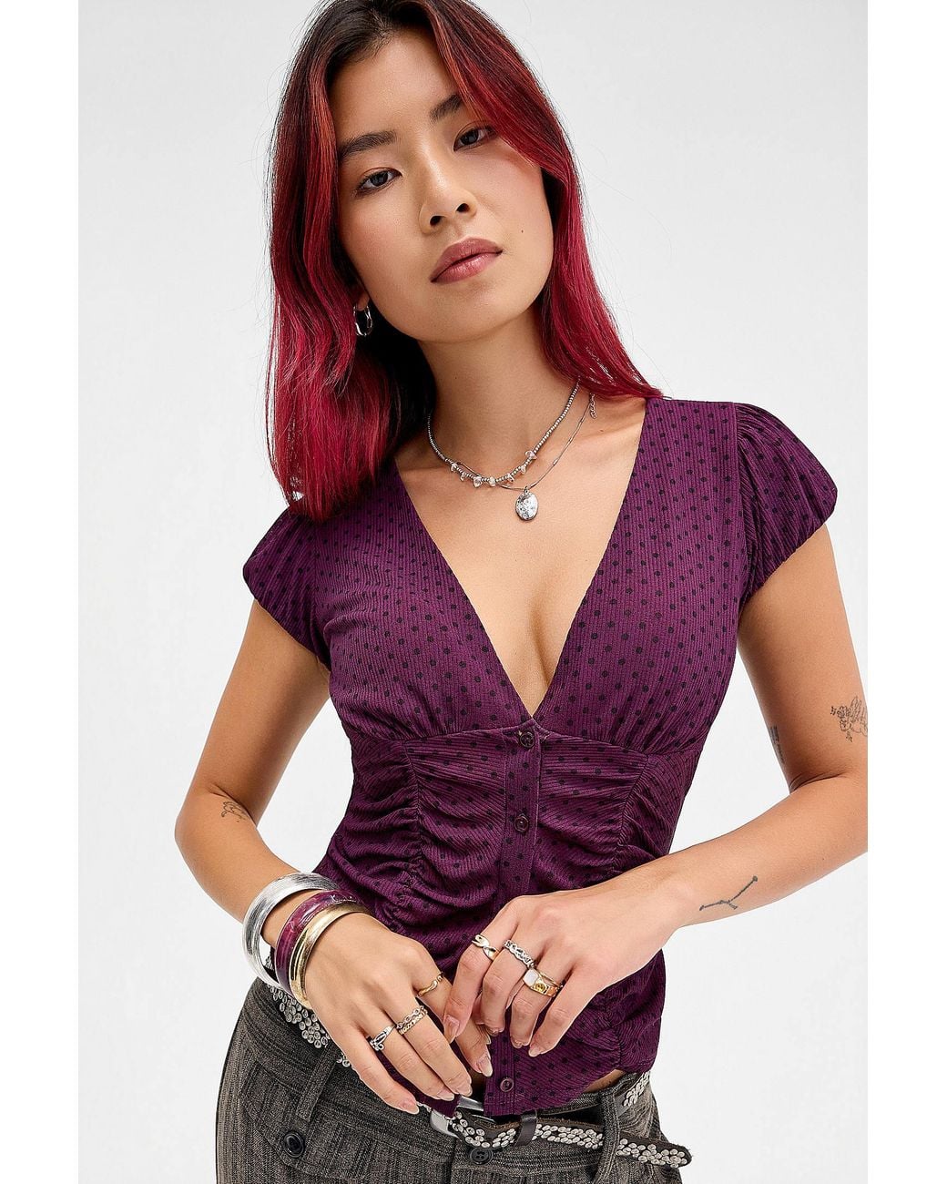 Silence + Noise Purple Silence + Noise Penny Ruched Mesh Shirt