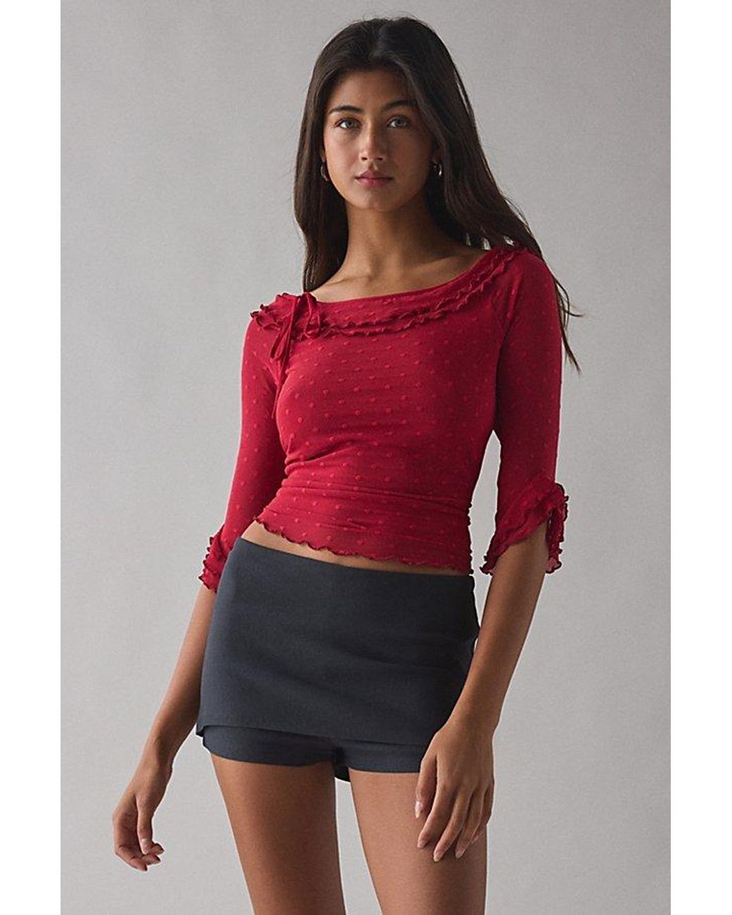 Kimchi Blue Rosalyn Polka Dot Mesh 3/4 Sleeve Boatneck Top in Red