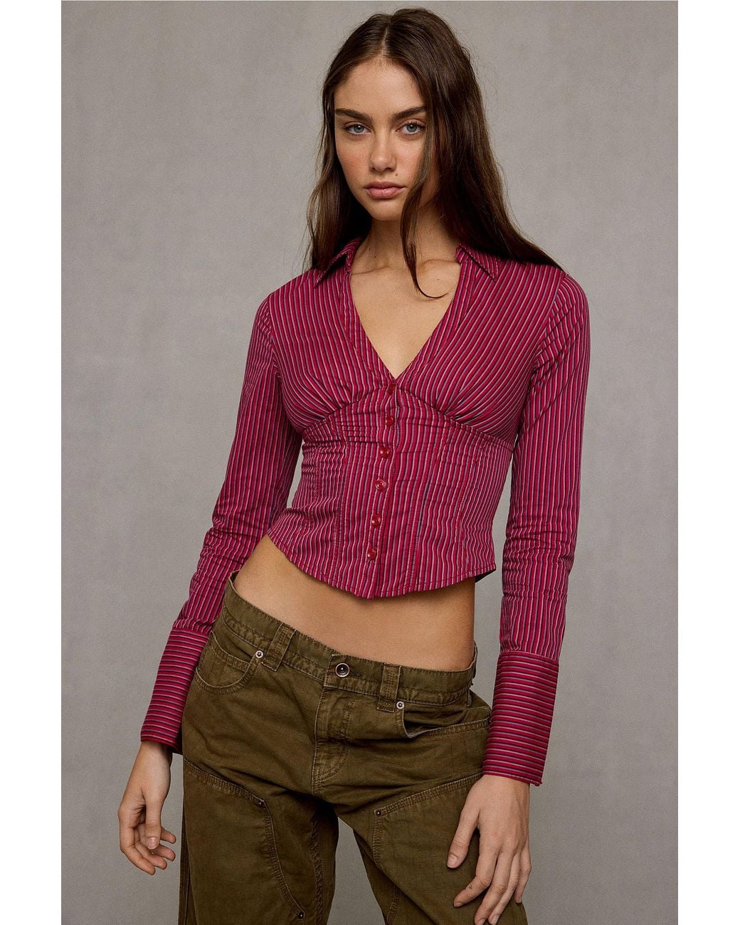 BDG Red Aria Button-through Long Sleeve Shirt