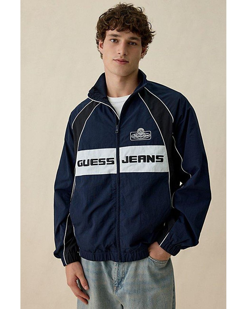 Guess Blue Crinkle Nylon Windbreaker Jacket for men