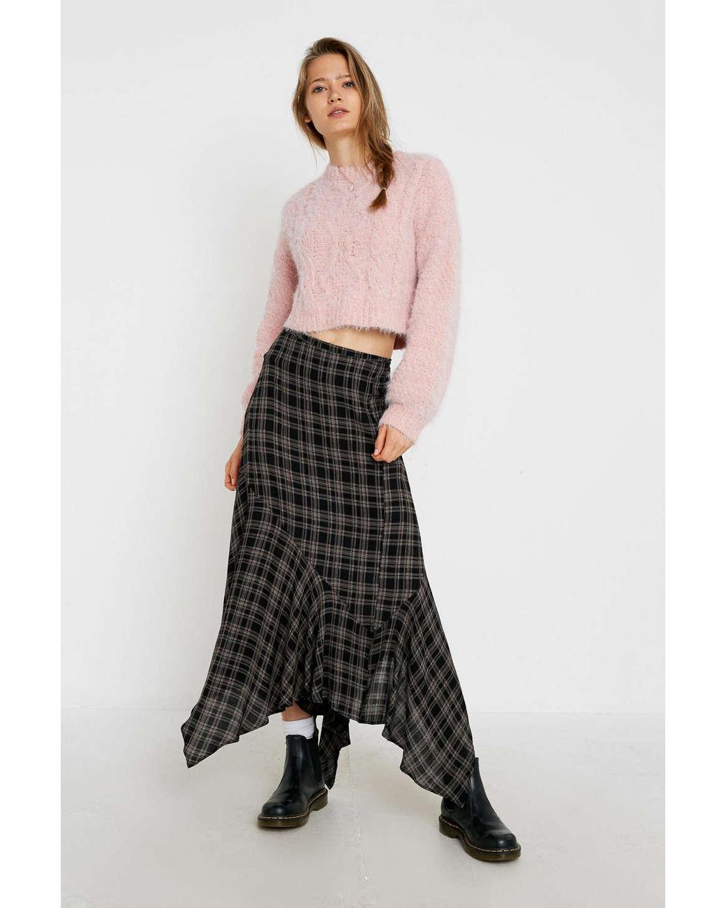 Urban Outfitters Uo Plaid Asymmetrical Hem Midi Skirt | Lyst