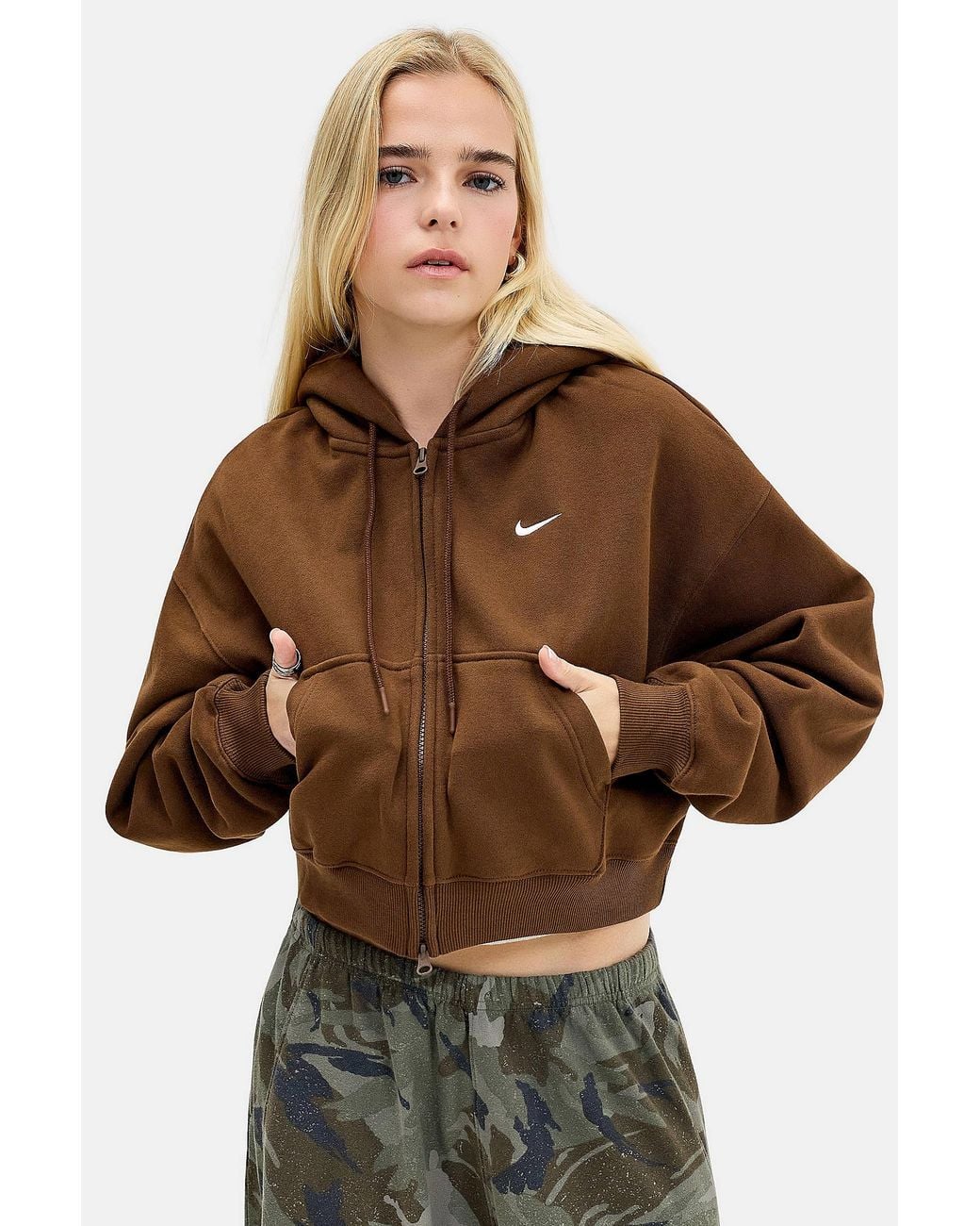 Urban Outfitters Nike Studio Brown Fleece Cropped Zip-through Hoodie