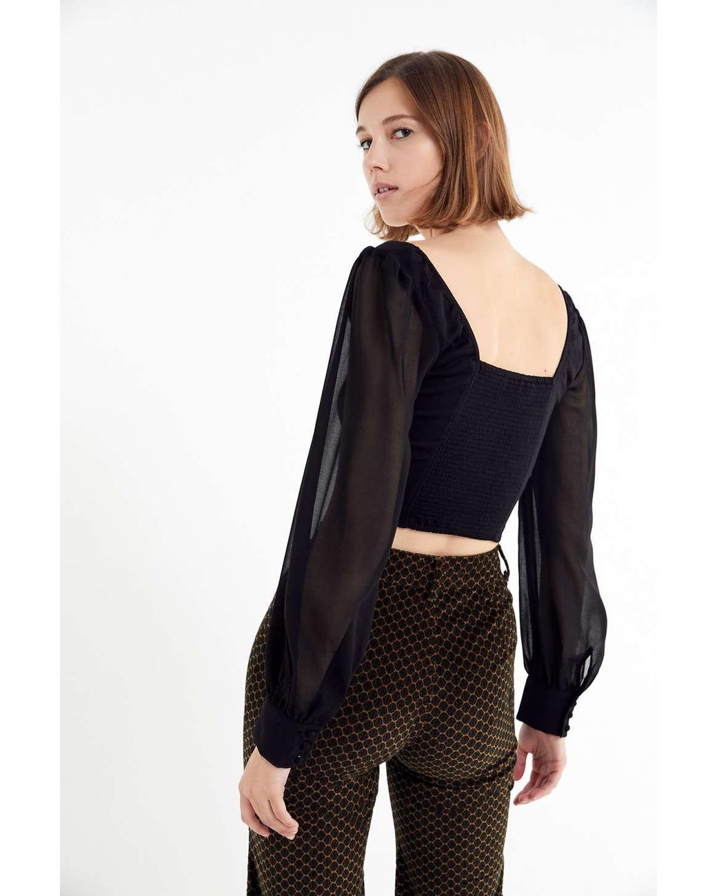 Urban Outfitters Uo Lena Sheer Sleeve Square Neck Blouse in Black