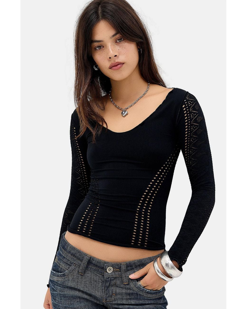 Silence + Noise Black Silence + Noise Seamless Plunge Cut Out Long Sleeve Top