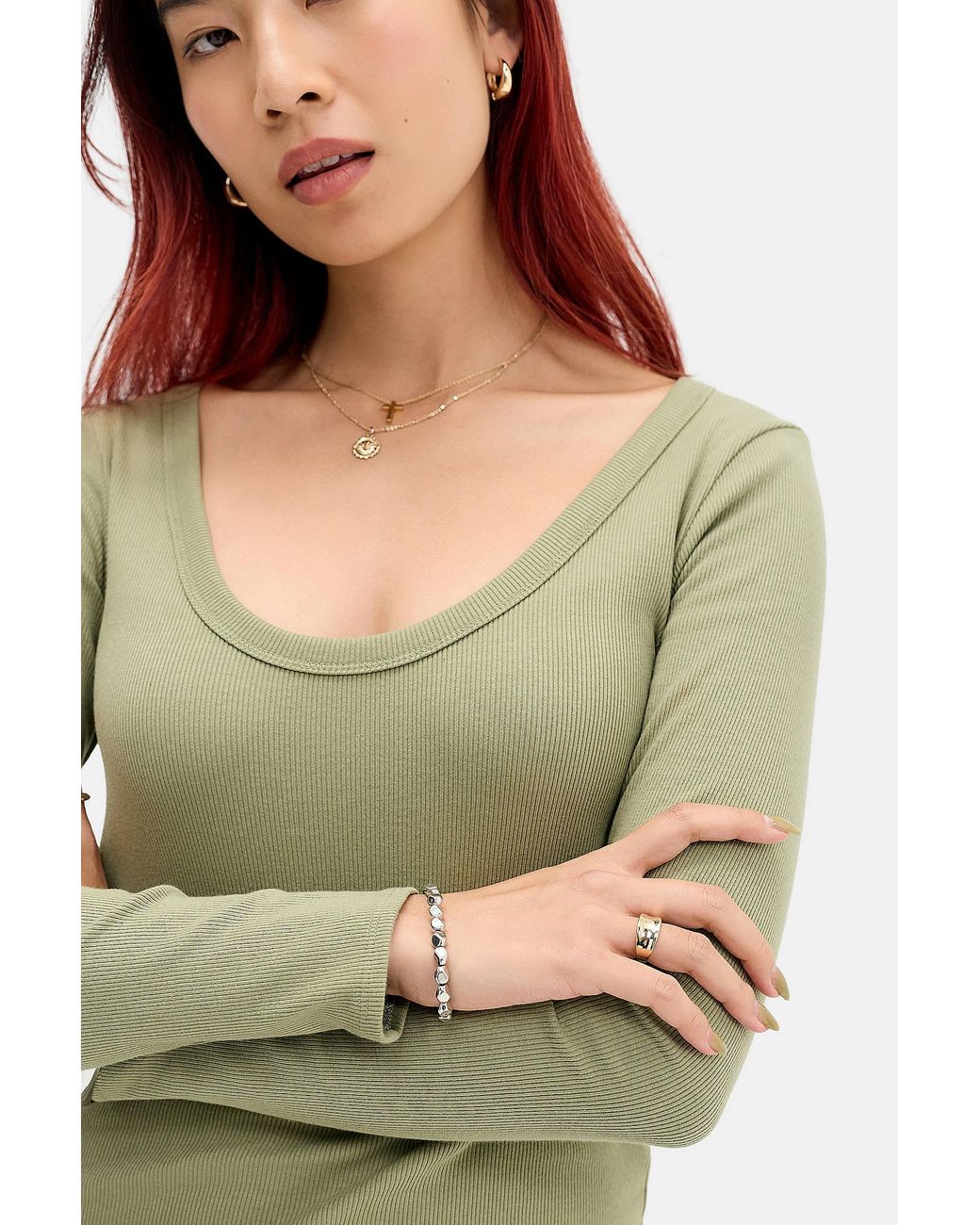 BDG Green Off Duty Rib Long Sleeve T-shirt Xs At Urban Outfitters