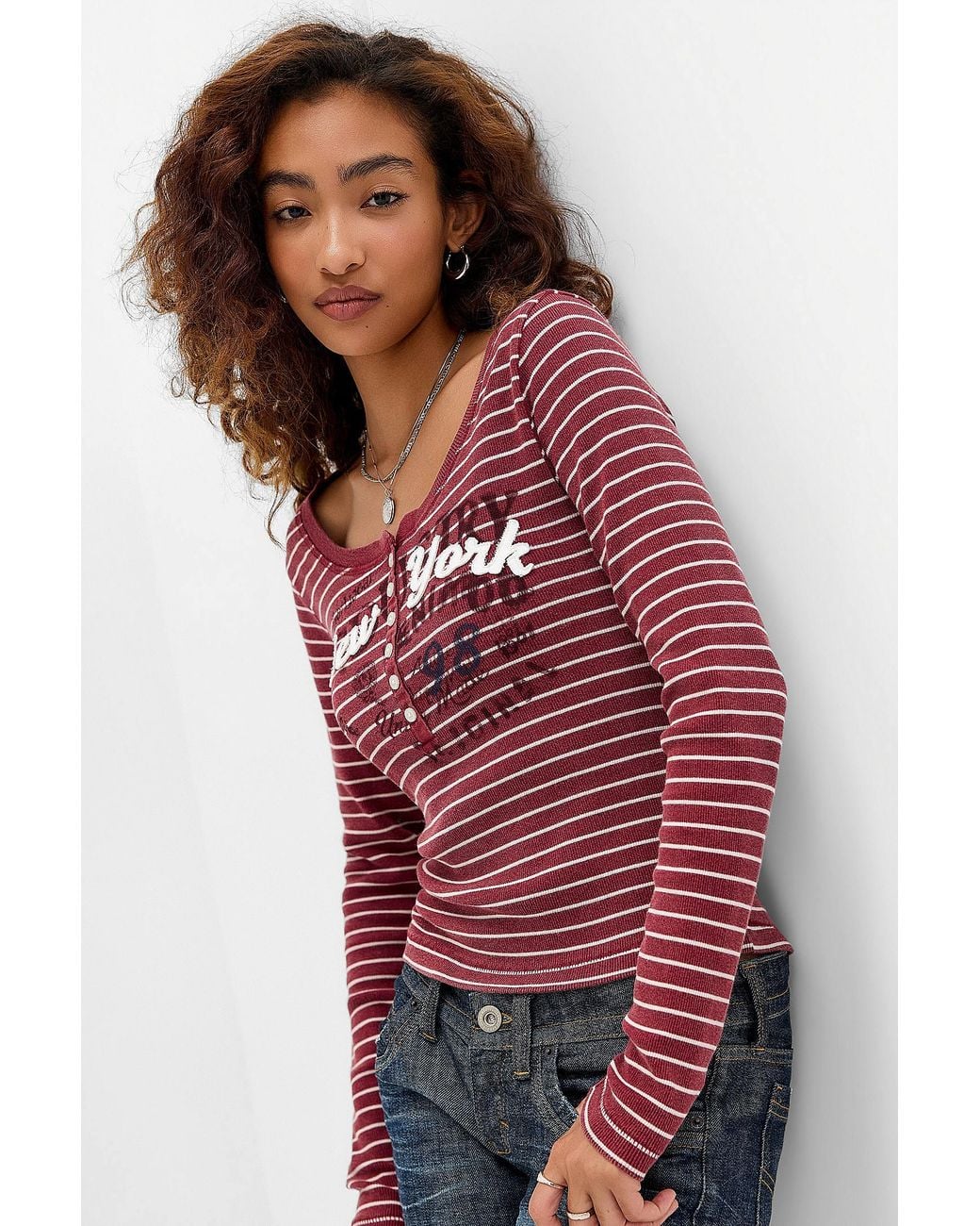 BDG Red Stripe Long Sleeve Henley Tee
