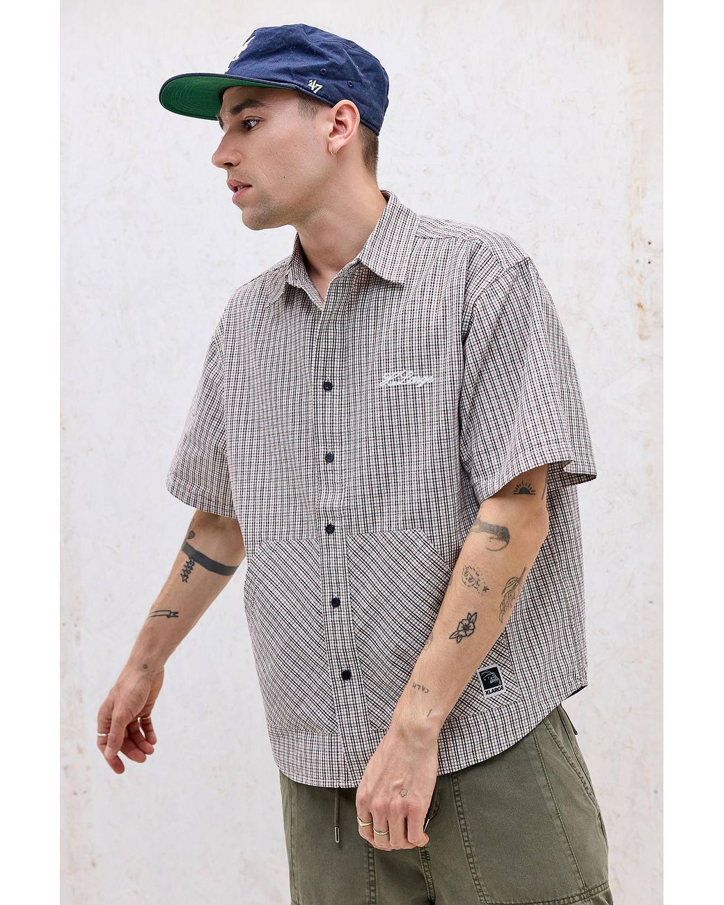 Xlarge Gray Beige Check Short Sleeve Shirt for men