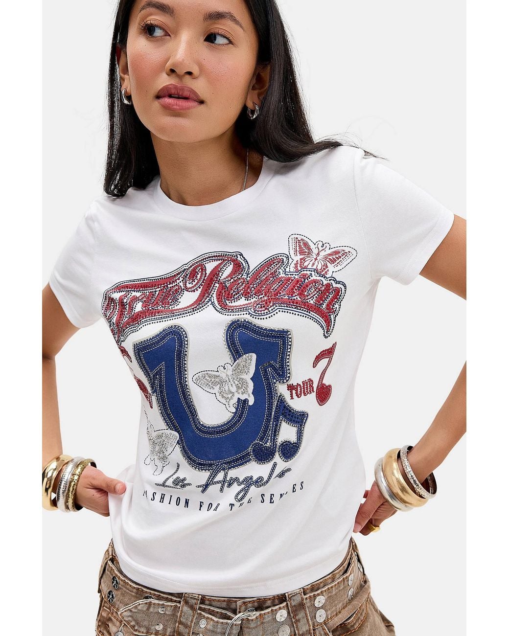 True Religion Gray White Crystal Horseshoe Logo Graphic Tee