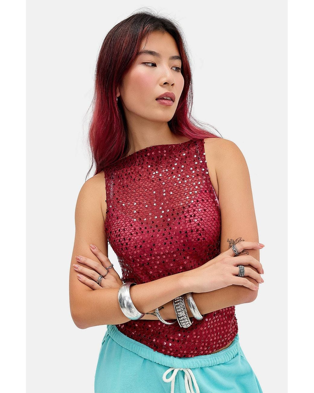 Motel Red Burgundy Dudley Sequin Vest Top Jacket