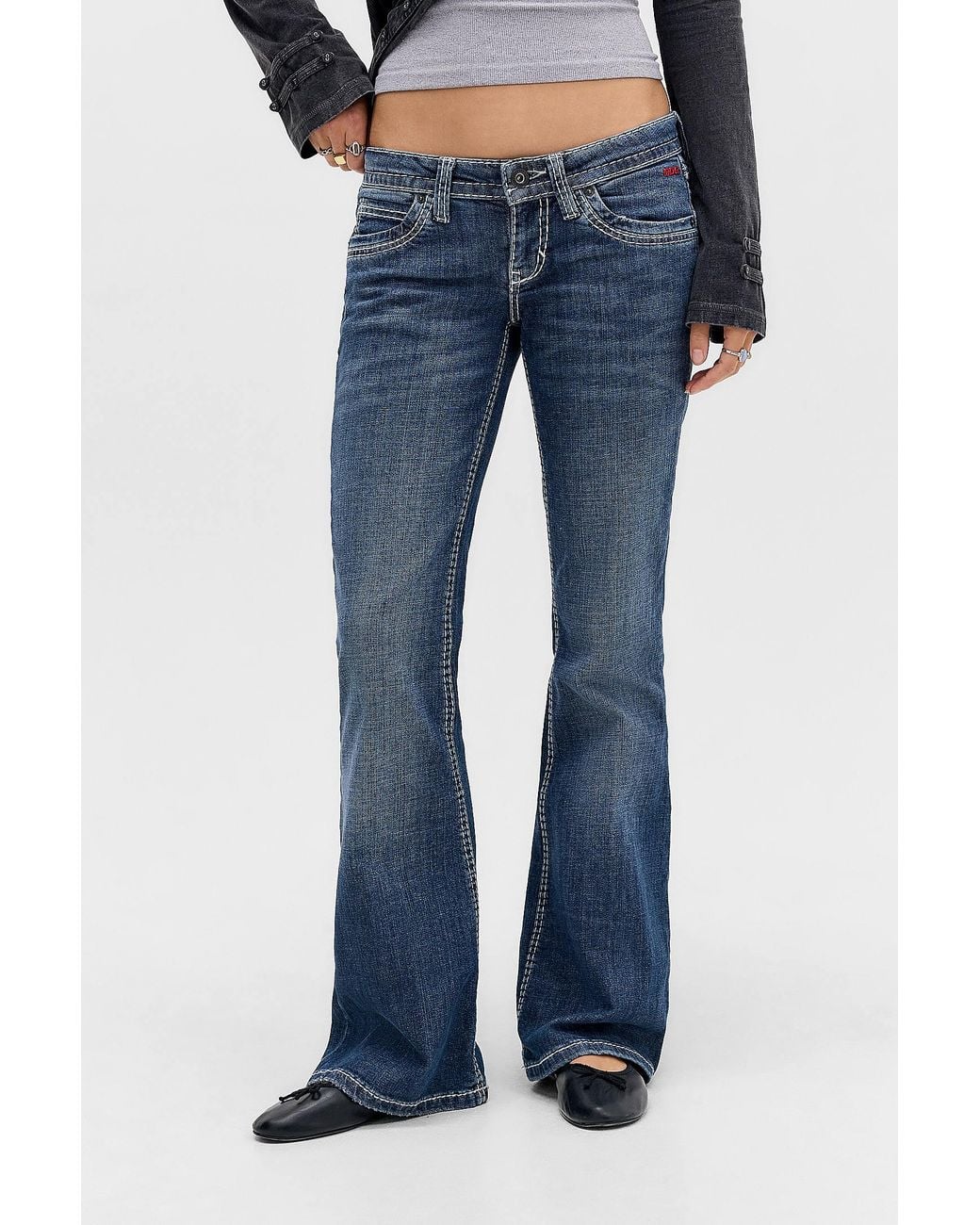 BDG Contrast Stitch Dark Blue Low Rise Skinny Bootcut Jeans 24w 32l At Urban Outfitters