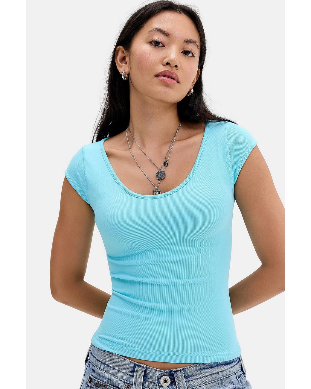 Urban Outfitters Blue Uo Molly Cap Sleeve Reverse Tee