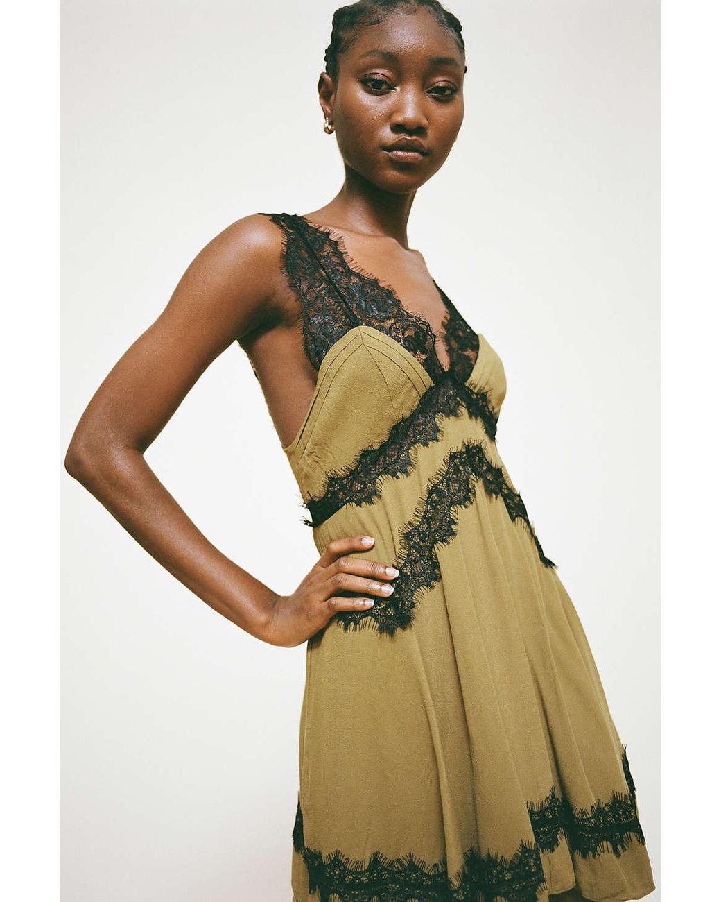 Urban Outfitters Uo Tiffany Plunging Lace Trim Mini Dress in Green | Lyst