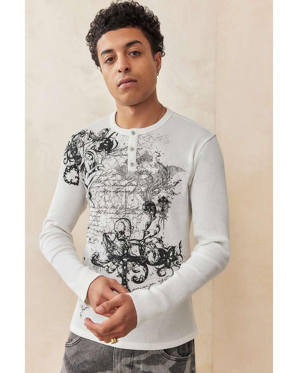 Jaded London Anointed White Waffle Henley Tee in Grey for