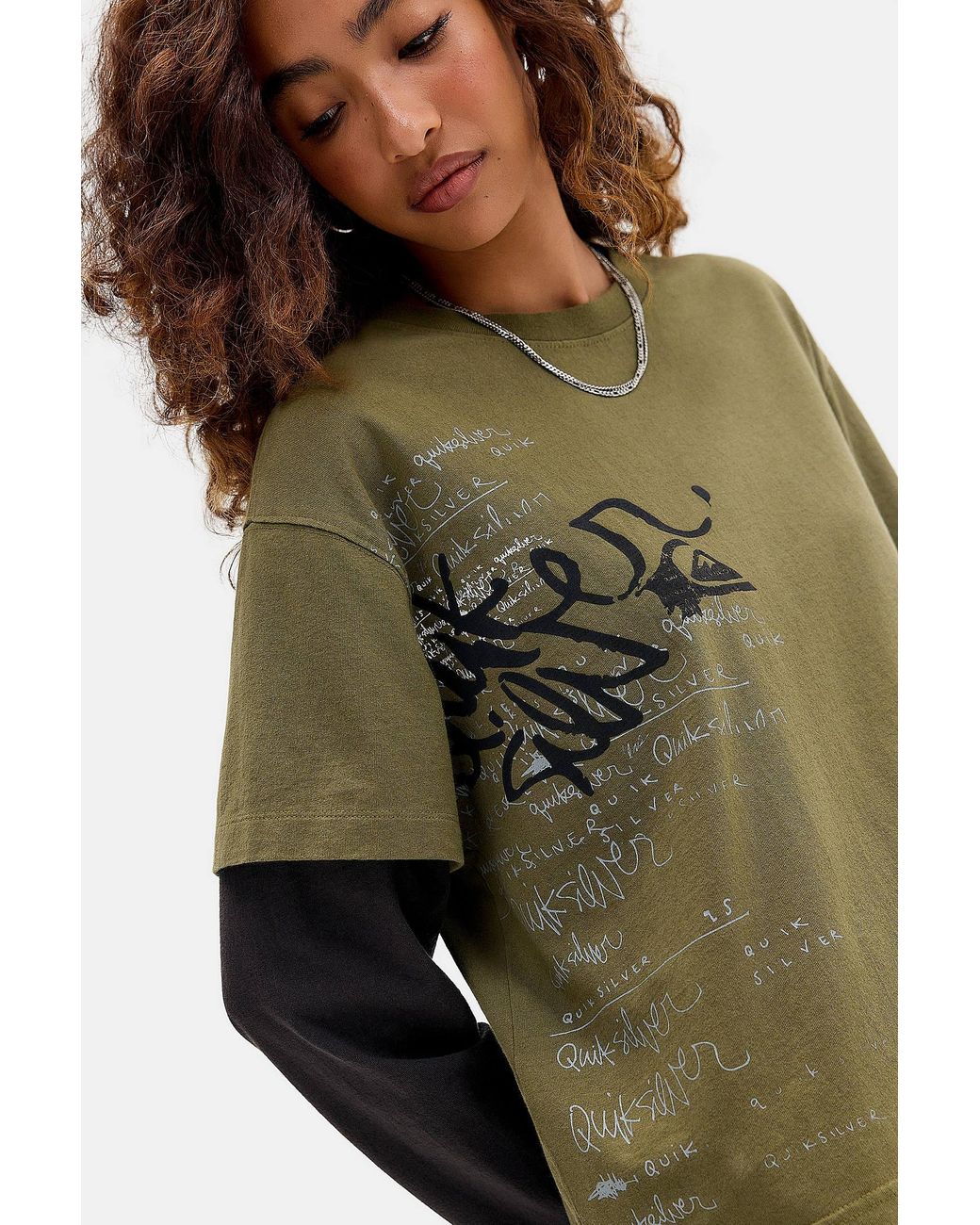 Quiksilver Green Uo Exclusive Khaki Double Layer Graphic Tee
