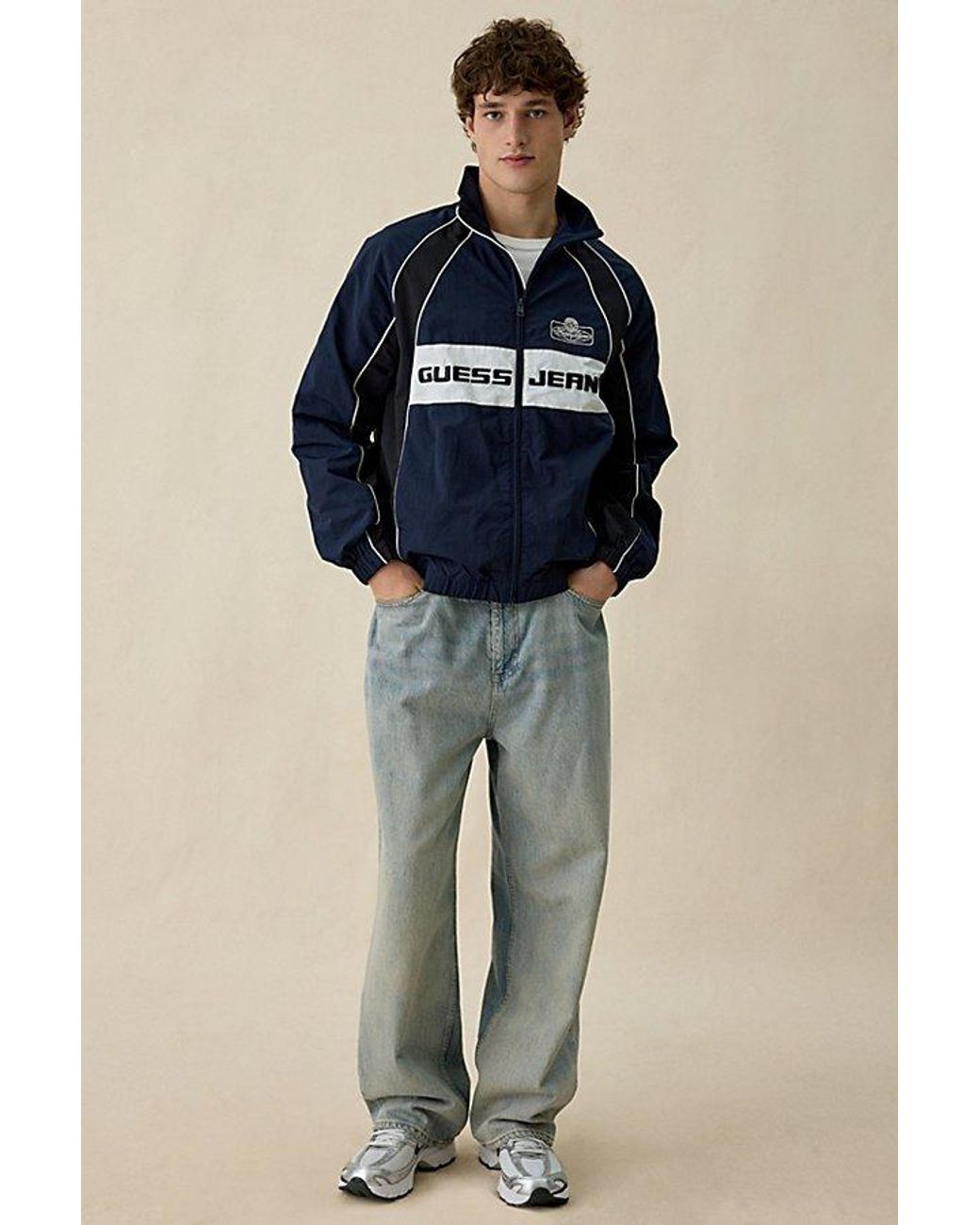Guess Blue Crinkle Nylon Windbreaker Jacket for men