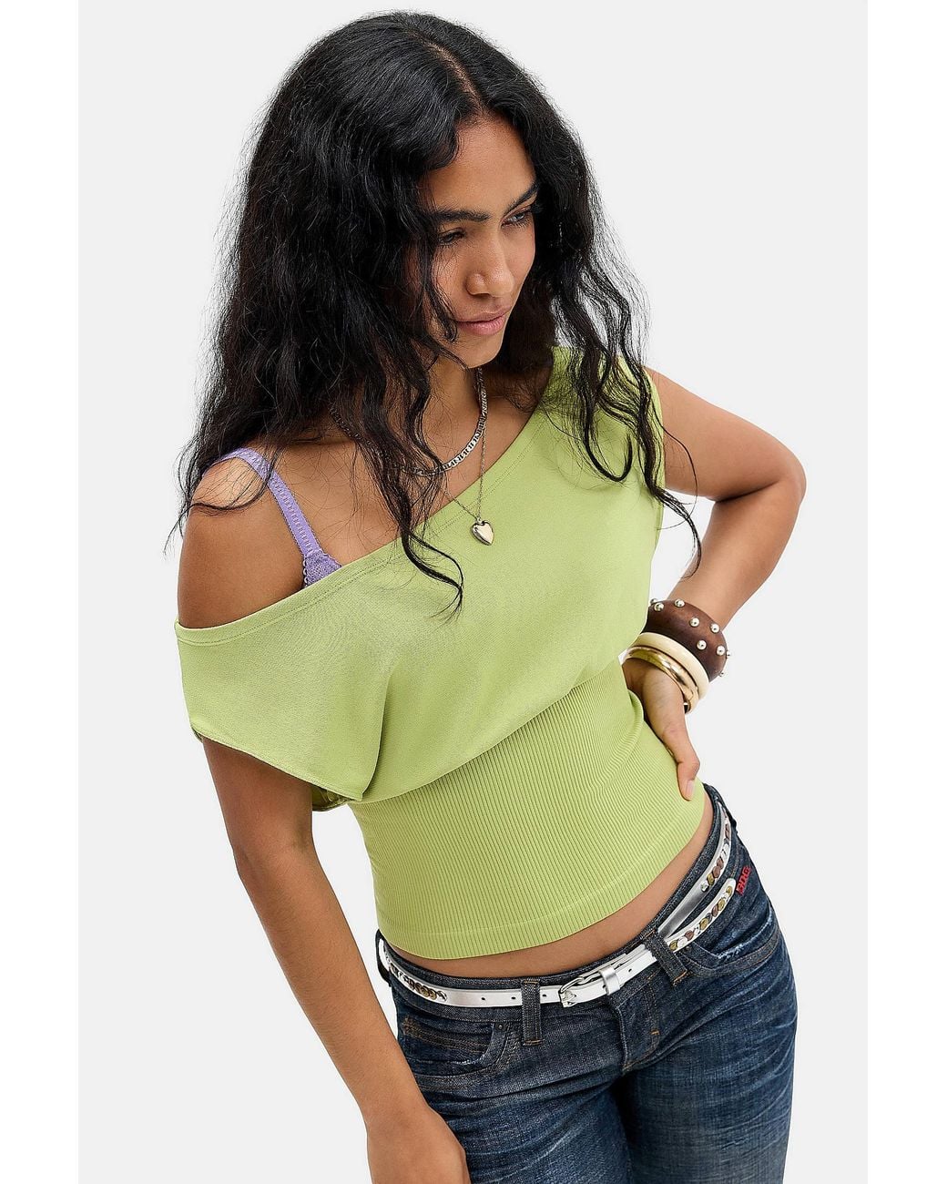 iets frans Green Off-shoulder Seamless Top