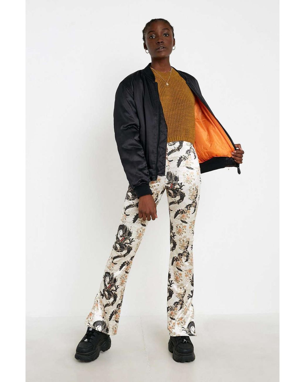 Uo Dragon Print Cream Satin Flare Pant 